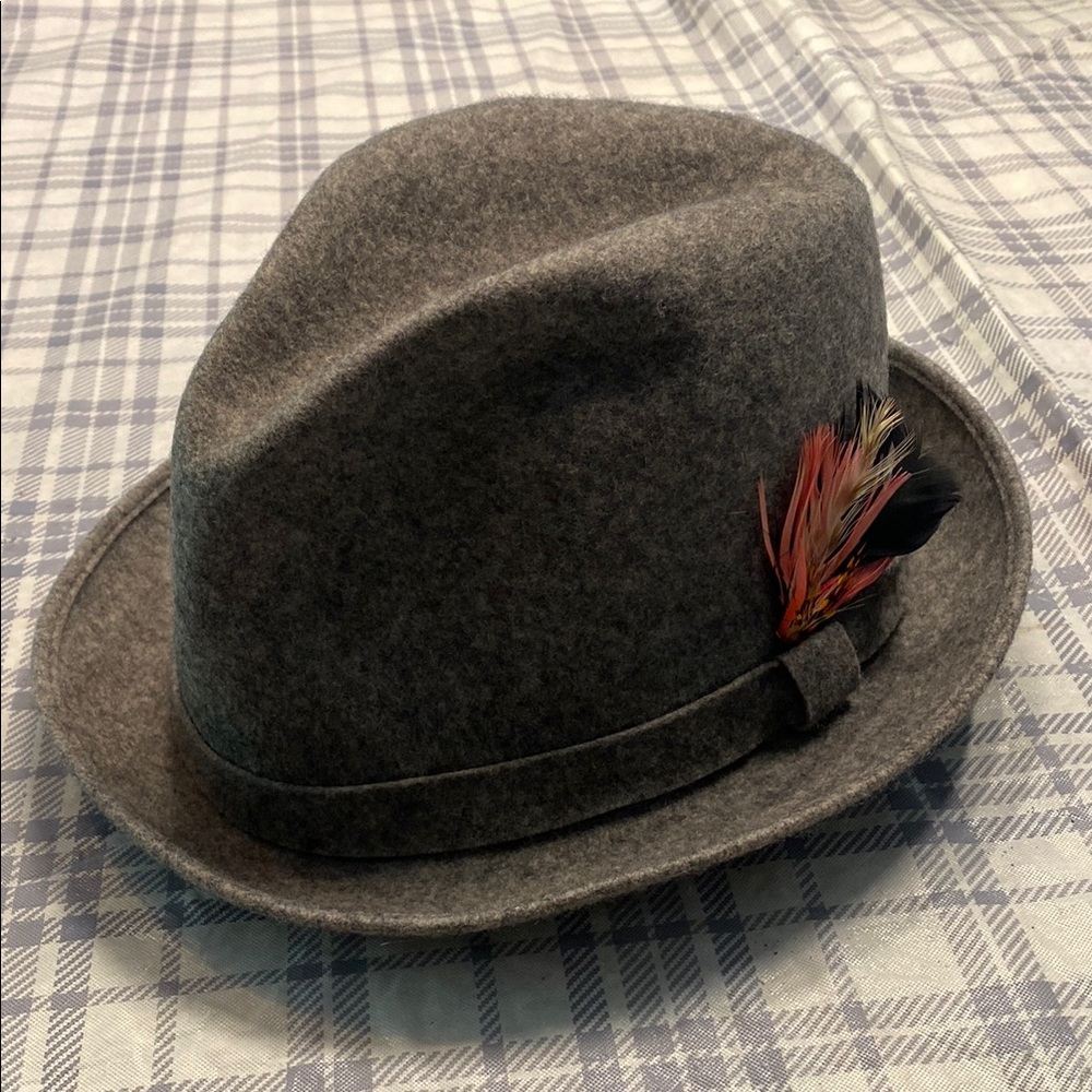 Gray Fedora Hat with Feather Accent